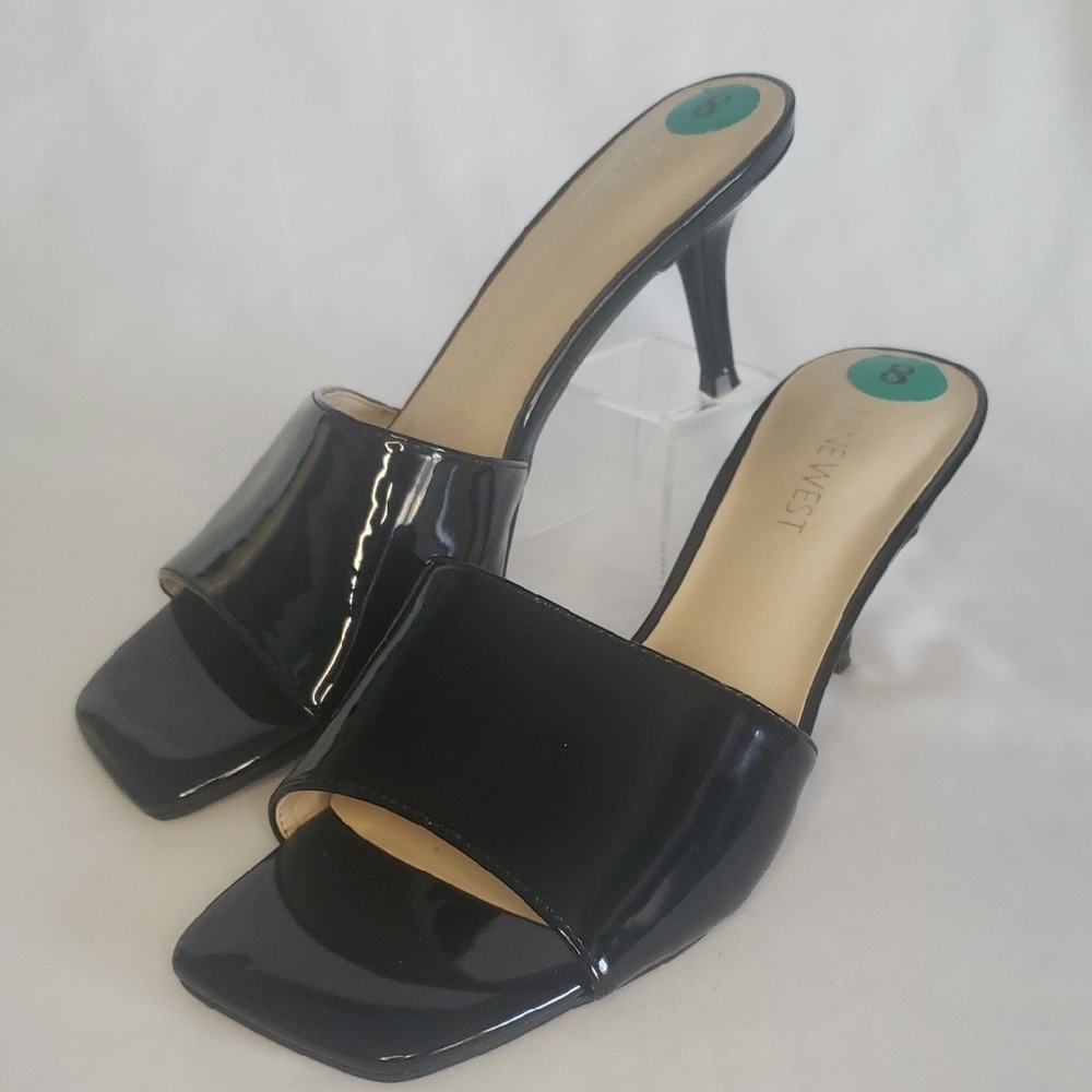 Nine West Glossy Black Strap Heeled Sandals